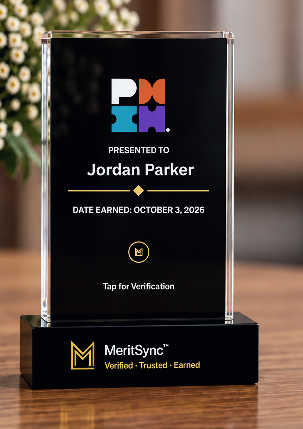 MeritSync digital badge display on a desk
