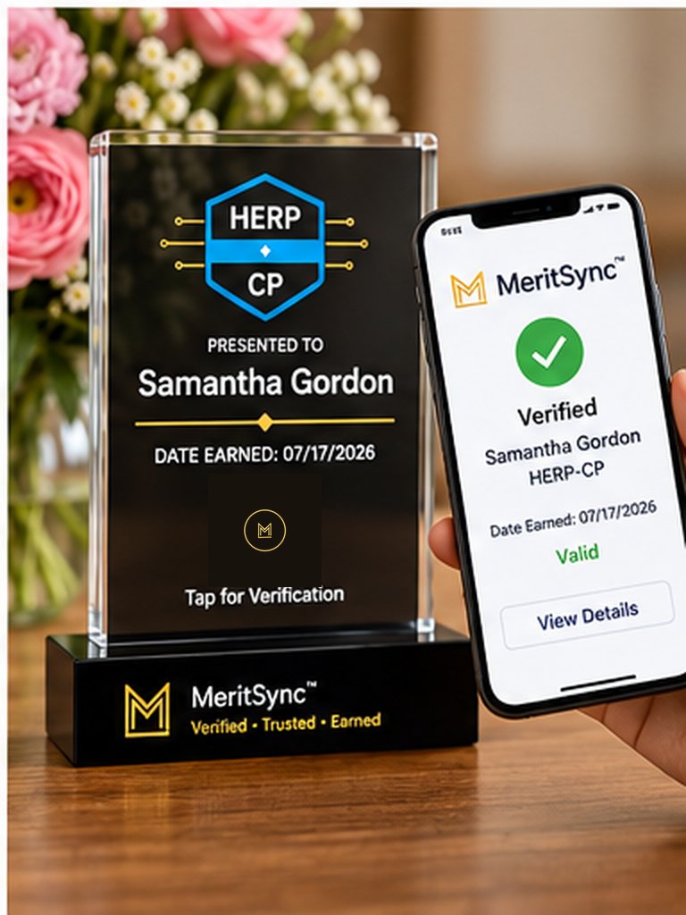 Recipient verifying a MeritSync digital badge display with a phone